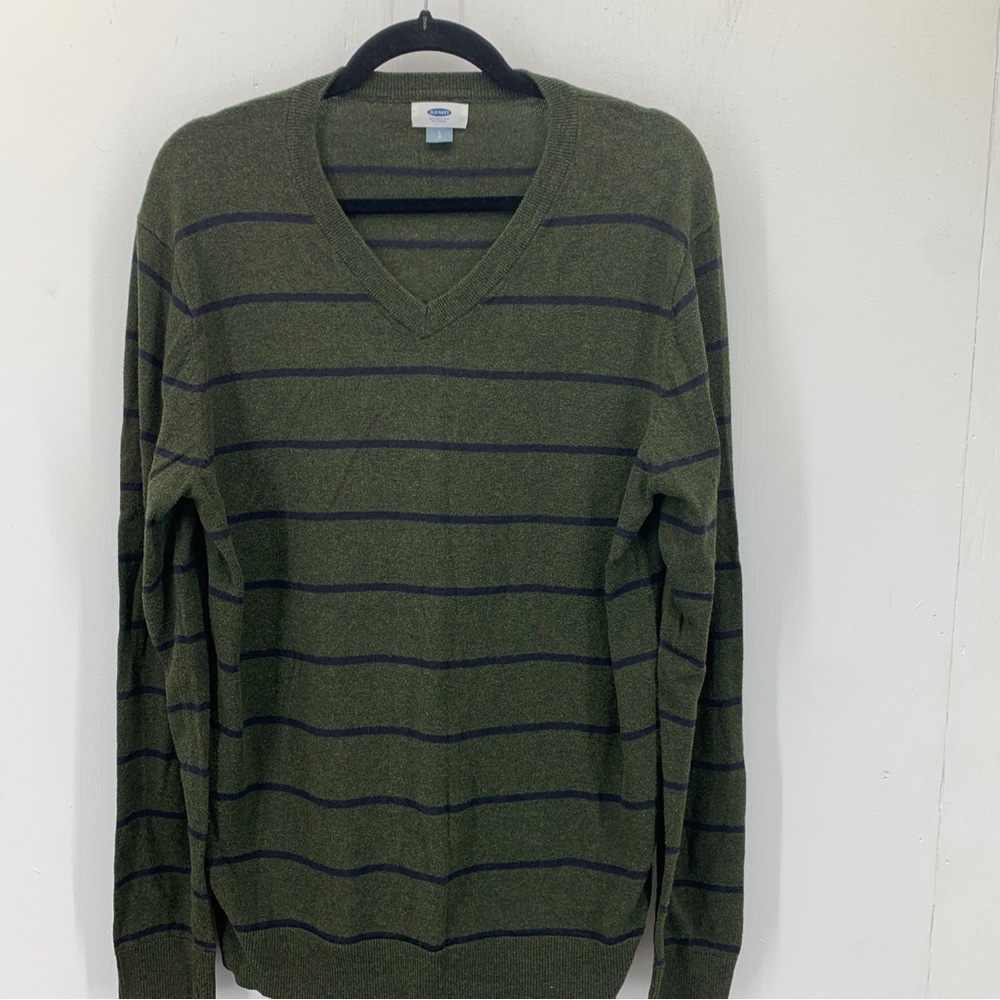 Old Navy Mens Large V Neck Pullover Sweater Preppy Business Layer Green Striped